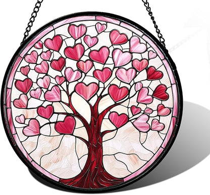 DASTOLL Stained Glass Window Hanging, Pink Love Heart Tree Suncatcher Hangings Beige Sun Catchers Decor for Birthday Holiday for Women, Men, Wife, Aunt, Mom 7.8 in