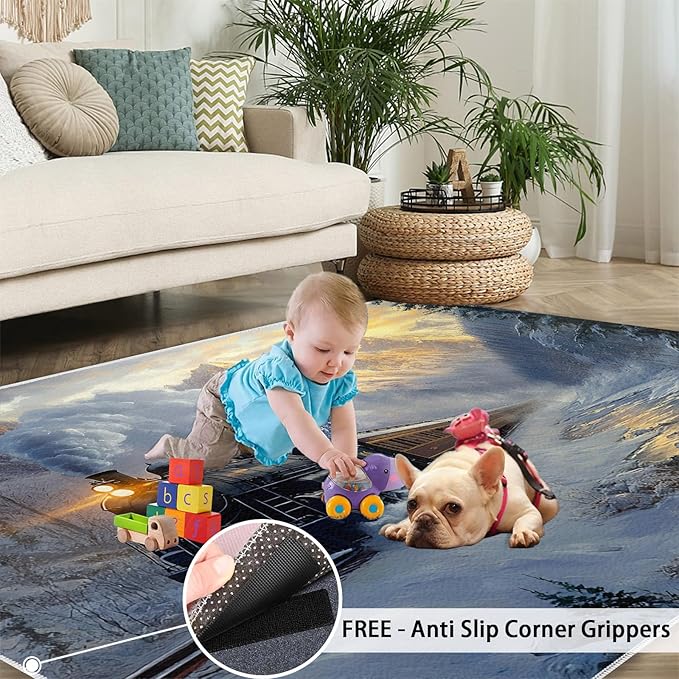 Train 6x8 Area Rugs,Forest and Mountains Bedroom Rug Winter Landscape Non-Slip Washable Rug for Living Room Nursery Kitchen Low-Pile Carpet
