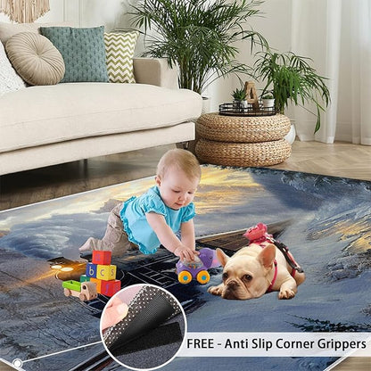 Train 6x9 Area Rugs,Forest and Mountains Bedroom Rug Winter Landscape Non-Slip Washable Rug for Living Room Nursery Kitchen Low-Pile Carpet