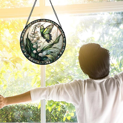 Stained Glass Window Hanging, Lily of The Valley Flower Butterfly Suncatcher for Doors Home Sun Catchers Decoration and Christmas, Mother's Day Birthday Gifts for Women, Men, Mom 7.8 in