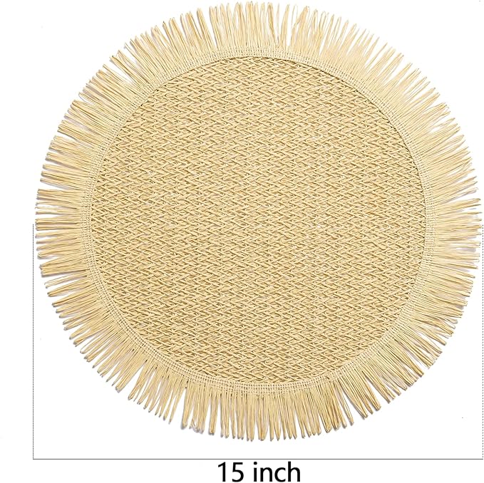 FunWheat Paper Round Placemats Set of 12 for Dining Tables 15 Inch Heat Resistant Table Mats Handmade Natural Place mats for Farmhouse Decoration(Beige)