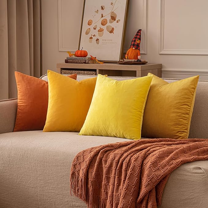 EMEMA Fall Orange Velvet Throw Pillow Covers 20x20 Inch Set of 2 Decorative Square Pillowcase Soft Solid Cushion Case for Couch Sofa Bed Bedroom Livingroom