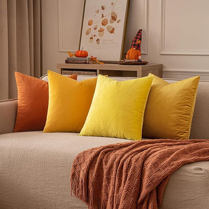 EMEMA Fall Orange Velvet Throw Pillow Covers 20x20 Inch Set of 2 Decorative Square Pillowcase Soft Solid Cushion Case for Couch Sofa Bed Bedroom Livingroom