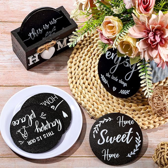 Queekay Coasters Set of 6 House Warming Gifts New Home Wooden Farmhouse Drink Coasters with Holder 4'' Funny Decoration for Kitchen Family Coffee Bar Tabletop Protection(Black)