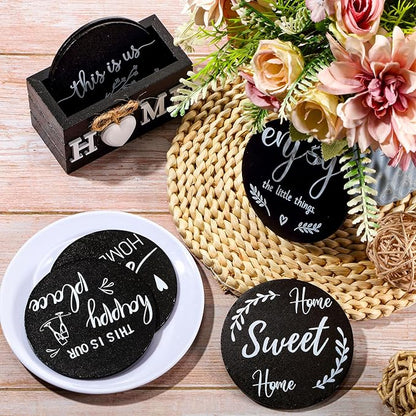 Queekay Coasters Set of 6 House Warming Gifts New Home Wooden Farmhouse Drink Coasters with Holder 4'' Funny Decoration for Kitchen Family Coffee Bar Tabletop Protection(Black)