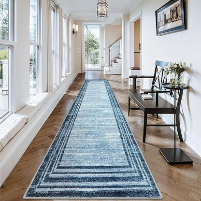 Lahome Abstract Runner Rug,2.5x12 Hallway Runner Non Slip Kitchen Runner Rug Non Skid Washable,Low-Pile Soft Blue Runners for Hallways 12 ft Minimalist Solid Indoor Carpet Runner for Entryway