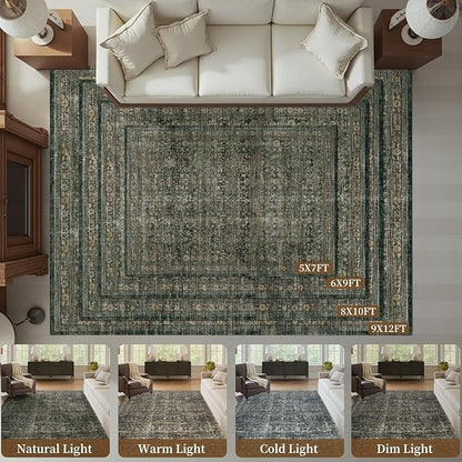 MontVoo-Vintage Area Rug 5X7 Green Rugs for Living Room-Soft Distressed Printed Rugs for Bedroom-Non Slip Carpet-Machine Washable Rug for Dining Room Living Room Bedside Office