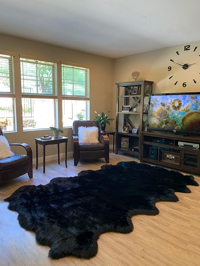 LAMBZY Faux Sheepskin Super Soft Hypoallergenic Silky Shag Rug for Living Room, Kids Room, Sofa (Duo Decto 12 Pelts 6'x12', Black)
