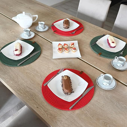 Round Placemats, Set of 6, Handmade by Braided Cotton Cord for Kitchen and Dining Table, Dia. 12.6 Inch, Doublesided, Heat Resistant, Red/Green