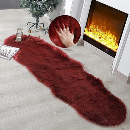 Faux Fur Rug Sheepskin Shag Fluffy Fuzzy Red 2x6 ft Runner Rugs for Bedroom Bedside Bed Floor Living Room Plush High-Density Cushion Carpet Super Sofa Cover