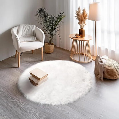White Fluffy Faux Fur Rug, 3 ft Round – Soft and Cozy Circle Carpet for Kids Room, Nursery, Bedroom, or Living Room – Plush Shaggy Area Rug for Home Decor