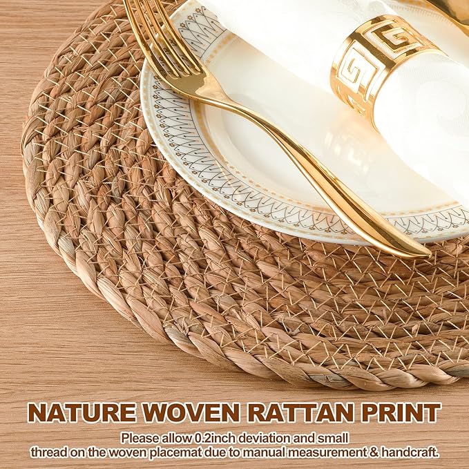 Round Woven Placemats - Boho Rattan Placemat Natural Water Hyacinth Placemats, Farmhouse Weave Place Mats, Rustic Braided Wicker Table Mats for Dining Table,Home,Wedding (13.5 inch Set of 8)