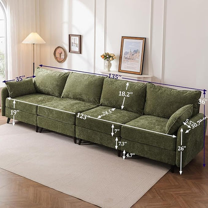 135'' Modular Sectional Sofa with Seats Storage,Oversized 4-Seater Comfy Cloud Couches with Deep Seat,Sectional Couches for Living Room,Apartment,2 Throw Pillow,Chenille,Green