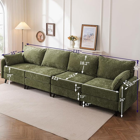 135'' Modular Sectional Sofa with Seats Storage,Oversized 4-Seater Comfy Cloud Couches with Deep Seat,Sectional Couches for Living Room,Apartment,2 Throw Pillow,Chenille,Green