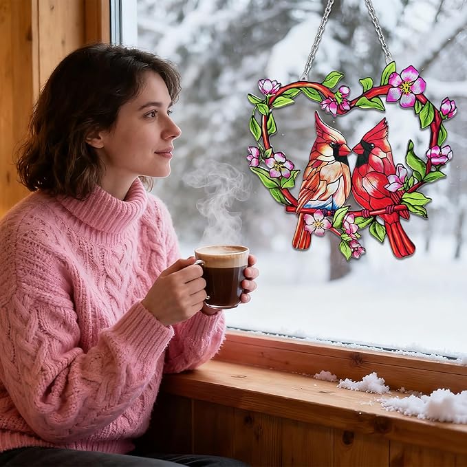 Stained Glass Window Hanging Cardinal Suncatcher, Red Cardinal Gifts for Women, velaboll 10 inch Cardinal Decor for Home Decor, Garden, Patio, Gift for Nature and Bird Lovers