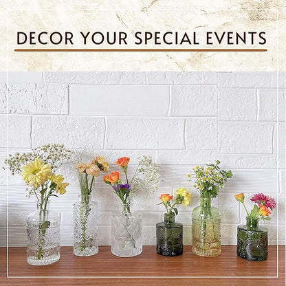 Bud Vase Set of 6, Small Flower Vases for Decorative, Gradient Glass and Embossed Vintage Style Mini Bottles for Home Décor, Centerpiece 3.3"-5.2''H(Clear+Green)