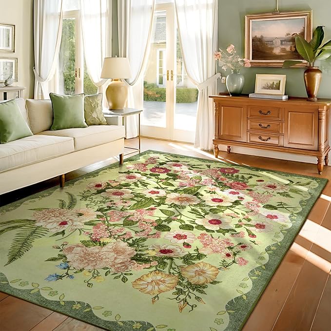 Floral Area Rug Living Room - 8x10 Washable Rugs Low Pile Non-Slip Soft Bedroom Rugs Under Bed Stain Resistant Accent Indoor Vintage Carpet for Dining Room Nursery Home Office Decor, Green