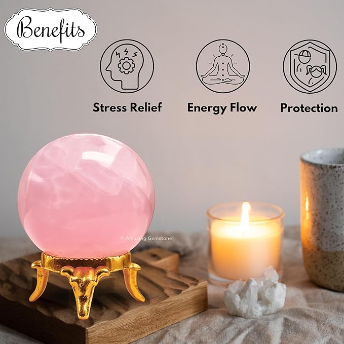 Amazing Gemstone Rose Quartz Crystal Ball with Stand - 1.5 Inches Crystal Sphere Meditation Balls for Witchcraft and Decorative Balls