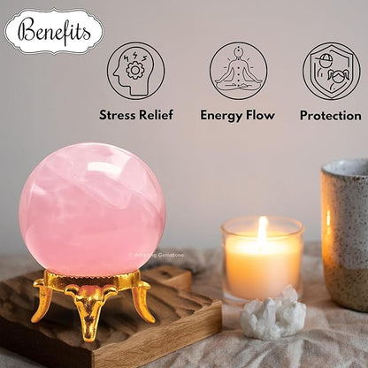 Amazing Gemstone Rose Quartz Crystal Ball with Stand - 1.5 Inches Crystal Sphere Meditation Balls for Witchcraft and Decorative Balls