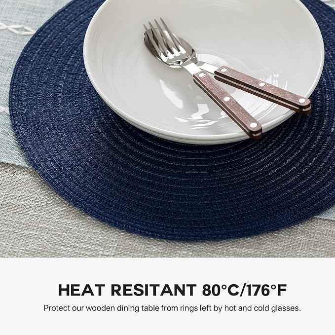 Round Placemats Set of 6 Woven Placemats Washable Braided Table Mats for Dining Table Heat Resistant Non-Slip Circle Place Mats(Navy Blue)