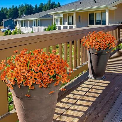 Artificial Fake Plants Flowers for Outdoor Outside Fall Decoration,12 Bundles Faux Silk Orange Daisy in Planter UV Resistant Look Real for Home Front Door Porch Patio Garden Balcony Autumn Decor