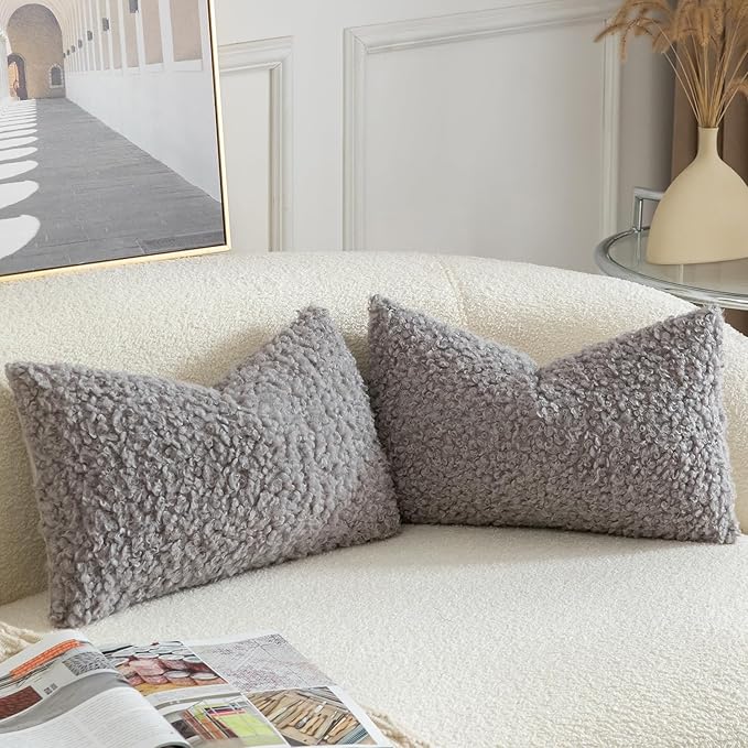 Yaertun Pack of 2 Faux Fur Throw Pillow Covers Decorative Sherpa Boucle Pillow Covers Fuzzy Soft Pillowcases Sheepskin Fleece Cushion Case for Couch Sofa Bed Living Room 12x20 Inch Light Grey