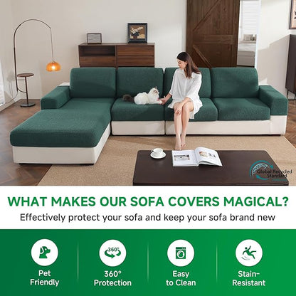 Couch Cushion Covers for Sectional Sofa, Stretch Soft Sofa Slipcovers Washable Wear-Resistant Universal Furniture Protector for Living Room(3 Seaters Covers+1 Chaise Cover, Green)