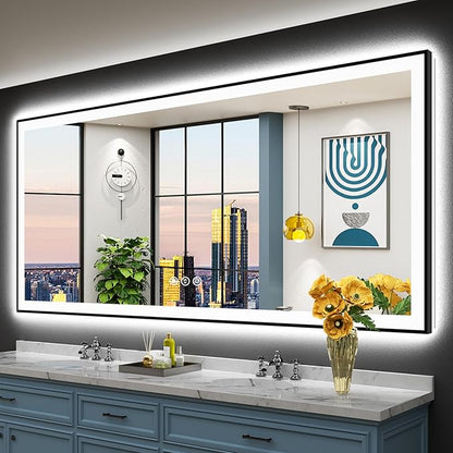 88x38 Inch Black Framed LED Bathroom Mirror with Lights, Backlit & Front Lit, Anti-Fog Lighted Vanity Mirrors for Bathroom Wall, Dimmable, 3-Color Light, Memory, Shatter-Proof, Tempered Glass