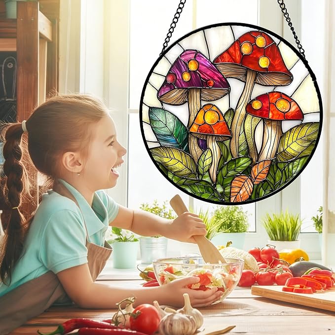DASTOLL Stained Glass Window Hanging, Mushroom Leaves Suncatcher for Doors Home Sun Catchers Decoration and Christmas, Mother's Day Birthday Gifts for Women, Men, and Mom 6.3 in