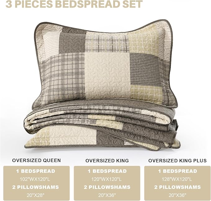 Oversized Bedspread Quilt 120x120-100% Cotton Plaid King Bedspreads Coverlet, Farmhouse Quilted Bedding Cover for All Season, Reversible, Lightweight, 3 Piece, Brown/Beige