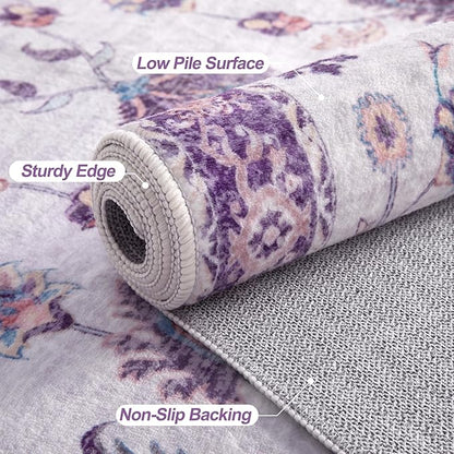 Tangsoo Small Rug 2x3 Washable Entry Rug for Entryways Non-Slip Vintage Floral Throw Area Rugs Purple Boho Rugs Distressed Floor Carpet Soft Low Pile Door Mat for Entrance Bedroom Kitchen Foyer Decor