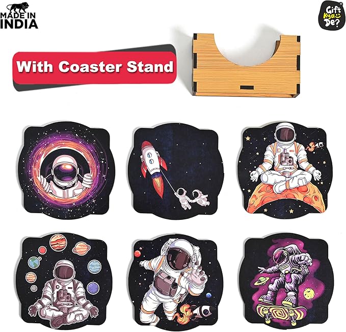 GKD Wooden Coasters for Drinks, MDF Coaster Set of 6 with Holder, Astronaut Theme, 3.5 inches Eco-Friendly Square Absorbent Coaster for Coffee Table, Bar, Drinking Glasses, Tabletop Protection