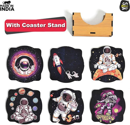 GKD Wooden Coasters for Drinks, MDF Coaster Set of 6 with Holder, Astronaut Theme, 3.5 inches Eco-Friendly Square Absorbent Coaster for Coffee Table, Bar, Drinking Glasses, Tabletop Protection