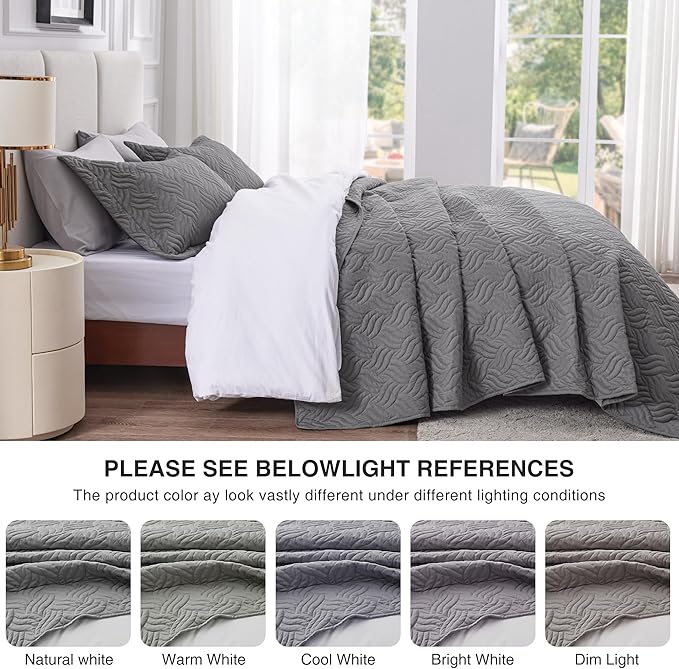 Love's cabin King Size Quilt Bedding Set Grey Bedspreads - Bed Summer Lightweight Bedspread Comforter - Wave Pattern Bedding Coverlet for All Season - 3 Pieces (1 Quilt, 2 Pillow Shams)