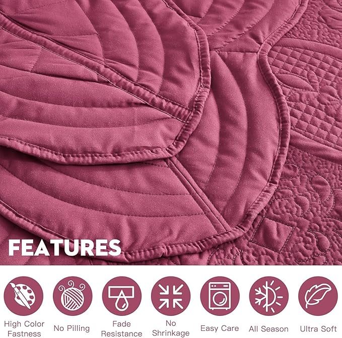 Bedspread - Full Size Bedding Cover - Modern & Contemporary Coverlet Set, Real Stitching, Reversible, Lightweight, 5 Piece, Burgundy