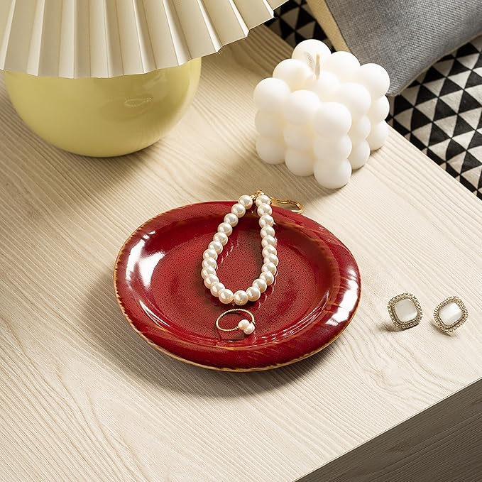 Ring Dish Holder, Jewelry Dishes for Women, Ceramic Trinket Dish Tray, Cute Key Bowl, Decorative Jewelry Plate, Gift for Friends Sister Mom Daughter (red)