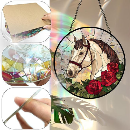Bimkole Horse Sun Catchers Indoor Window - Flowers Acrylic Suncatcher Hanging Decoration for Living Room Bedroom Summer Home Balcony Outdoor Garden Ornaments Decoration 7.8x7.8 Inch