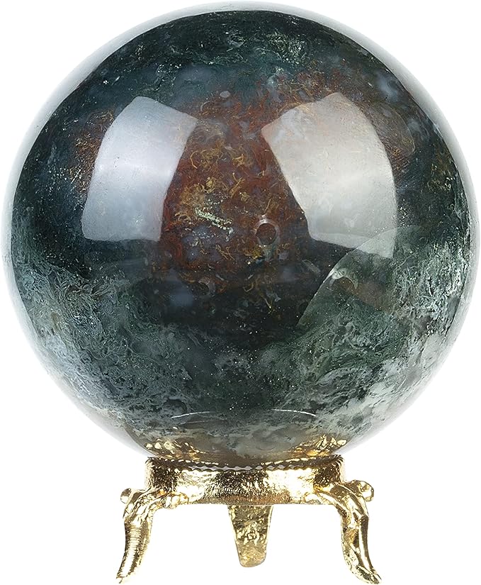Crocon 50mm Green Blood Stone Sphere Ball with Metal Stand 1400+ Carats Gemstone Ball Healing Sphere Sculpture Figurine for Fengshui Divination Home Decoration Photography Crystal Sphere