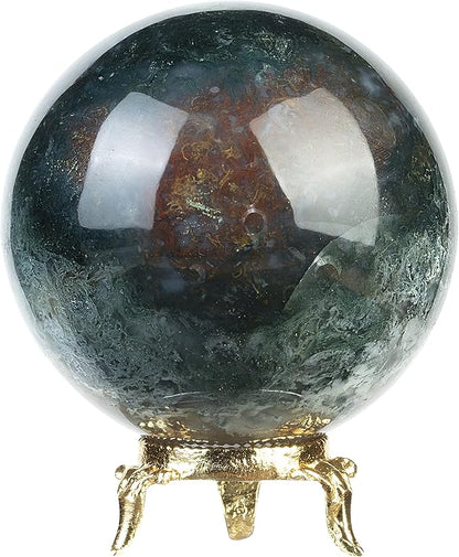 Crocon 50mm Green Blood Stone Sphere Ball with Metal Stand 1400+ Carats Gemstone Ball Healing Sphere Sculpture Figurine for Fengshui Divination Home Decoration Photography Crystal Sphere