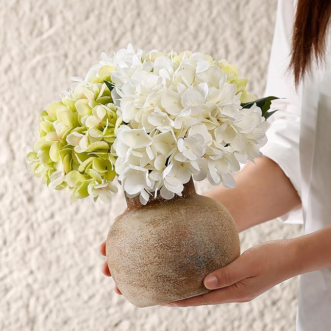 White Ceramic Rustic Flower Vase, 5.83 Inch Pottery Modern Vase for Shelf, Tabletop, Vintage Farmhouse Home Decor for Coffee Table, Living Room, Mantle, Fireplace, Entryway