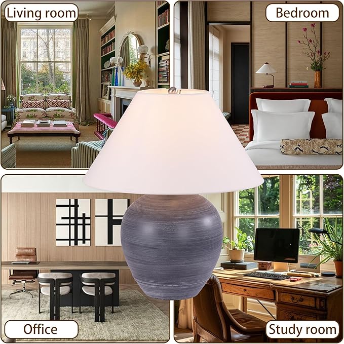 Pia Ricco 21'' Medium Size Black Glossy Ceramic Base Ceramic Basin Table Lamp for Bedroom, Living Room, Dining Room, Office, White Shade,White Striped Black Base