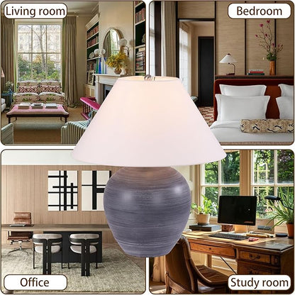 Pia Ricco 21'' Large Gray Base Ceramic Basin Table Lamp for Bedroom, Living Room, Dining Room, Office, White Shade,White Striped Black Base