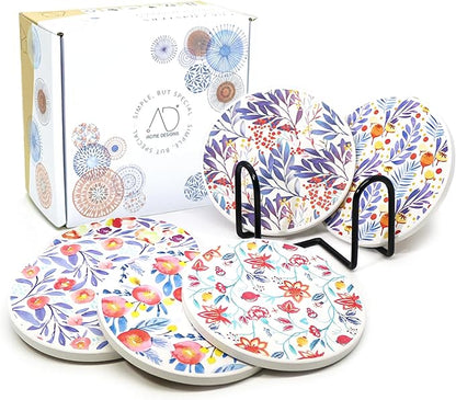 AD Set of 6 Coasters for Drinks Absorbing Round Ceramic Stone Coaster with Cork Base Tabletop Protection Mat for Mugs and Cups,Office,Kitchen (Watercolor Flowers with Holder)