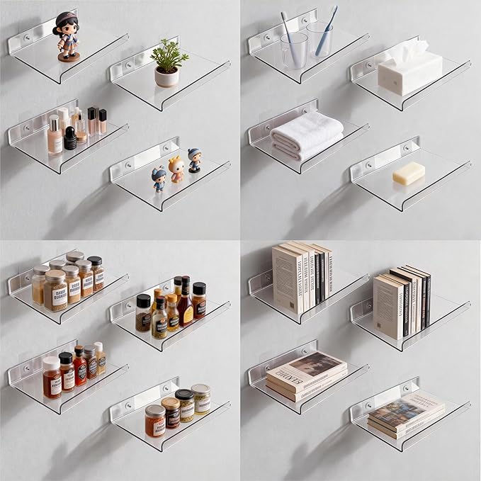 4-Pack Clear Acrylic Floating Shelves with Adhesive & No-Trace Nails - Ultimate No Drill Wall Mounted Display & Storage Organizer for Bathroom, Bedroom, Living Room, Office, 7.87" x 4" (4, U-Shape)