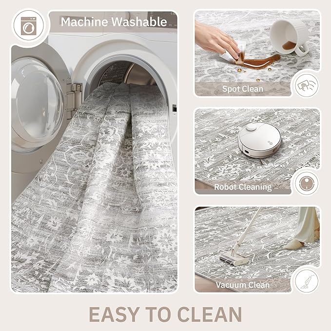 6x9 Area Rugs for Living Room, Stain Resistant Washable Rugs for Dining Room, Floral Vintage Non-Slip Gray Thin Area Rug(Grey, 6'x9')
