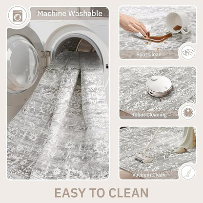 Washable Runner Rug, 2.5'x8' Vintage Kitchen Runners Non-Slip Foldable Hallway Runner Rug for Entryway, Laundry, Bedroom, Grey