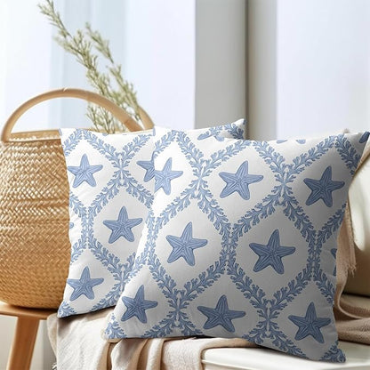 Coastal Pillow Covers 24x24 Set of 2 Ocean Starfish Pattern Decorative Light Blue Pillowcases Outdoor Beachy Throw Pillow Covers with Zipper Soft Cozy for Sofa Bed Chair Living Room Home Decor