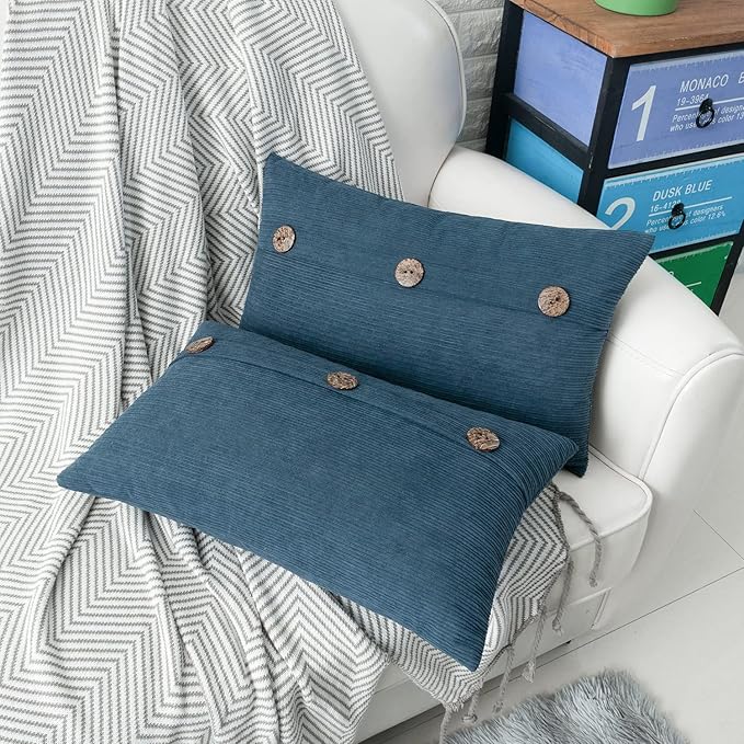 HWY 50 Blue Chenille Throw Pillow Covers 12x20 Inch with Triple Buttons, Soft Farmhouse Accent Decorative Cushion Cases for Couch Sofa Living Room Pack of 2 Rectangle