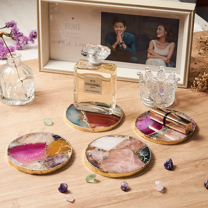 Rainbow Agate Coasters Set of 4, Natural Crystal Coaster for Drinks, Geode Gemstone with Gold Edge, Agate Slice Stone Coaster for Coffee Table, Wooden Table, Home Decor