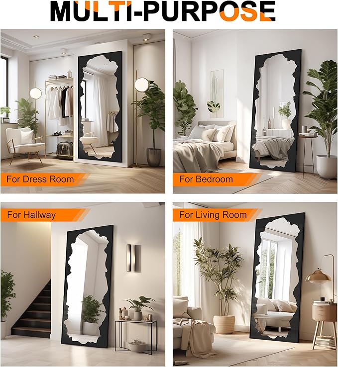 Full-Length Mirror Free Standing Leaning Mirror with Artistic Black Abstract Overlay Deco, 70"x30" Shatterproof Wall-Mounted Mirror, Perfect for Living Room, Bedroom, Cloakroom, and Bathroom Decor
